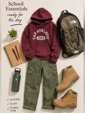 GAP Kids Hoodie and Cargo Pants Outfit - Burgundy & Olive Green Bundle